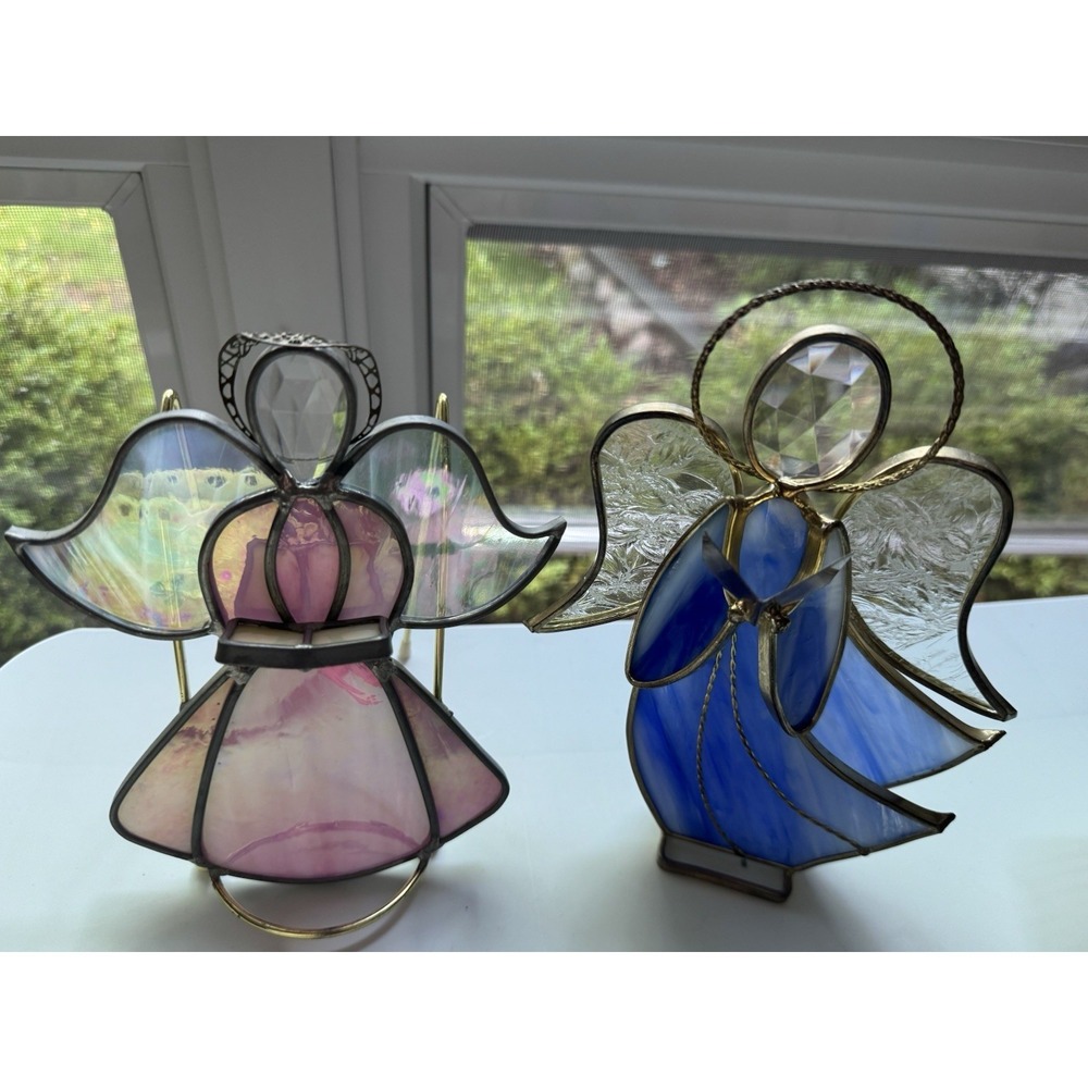 Stained Glass Angel Figurine Set Pair Pink Blue 7"‎ 8" Boho Holiday Decor